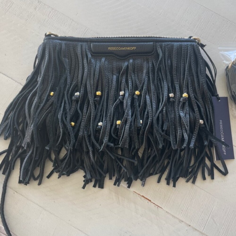 REBECCA MINKOFF FINN BEADED FRINGED CROSSBODY BLACK NWT
